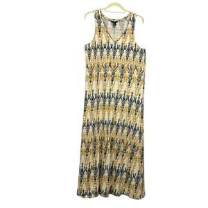 H & M Maxi Dress Women's Size M Gold/Blue Boho Beachy Travel V-Neck Sleeveless